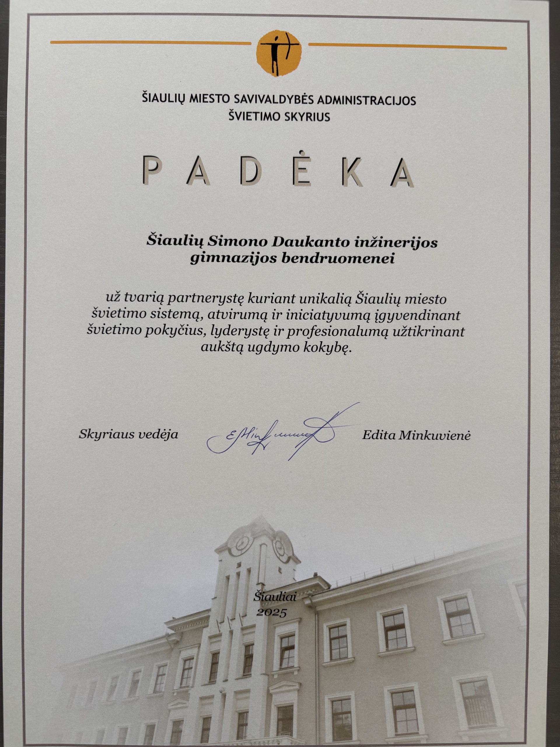 Padėka iš Šiaulių miesto savivaldybės administracijos Švietimo skyriaus